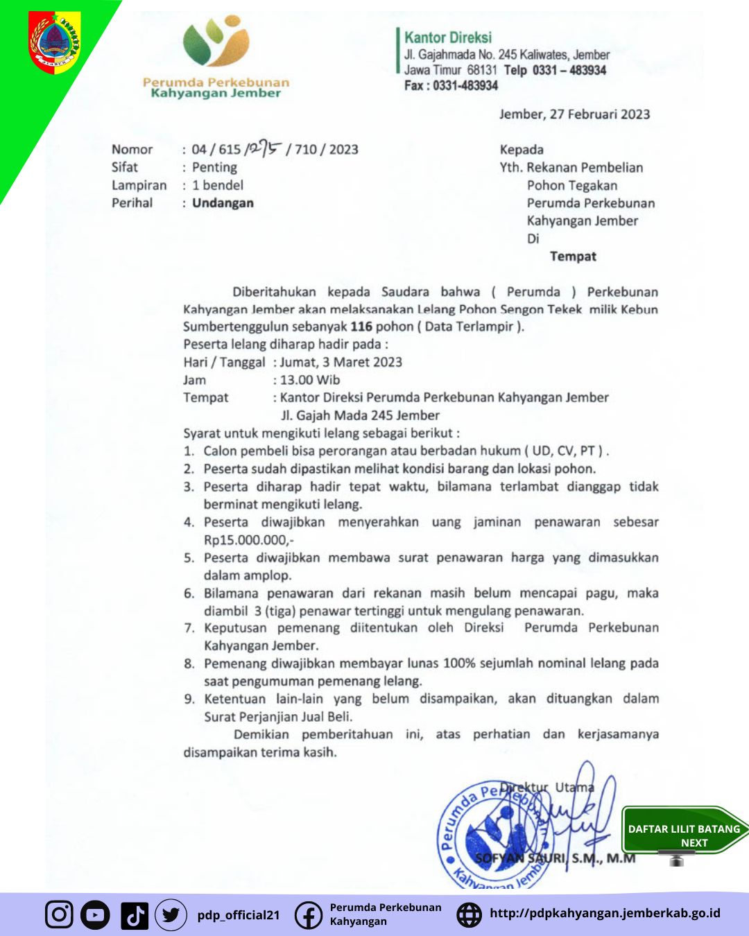 UNDANGAN LELANG POHON TEGAKAN SENGON TEKEK
